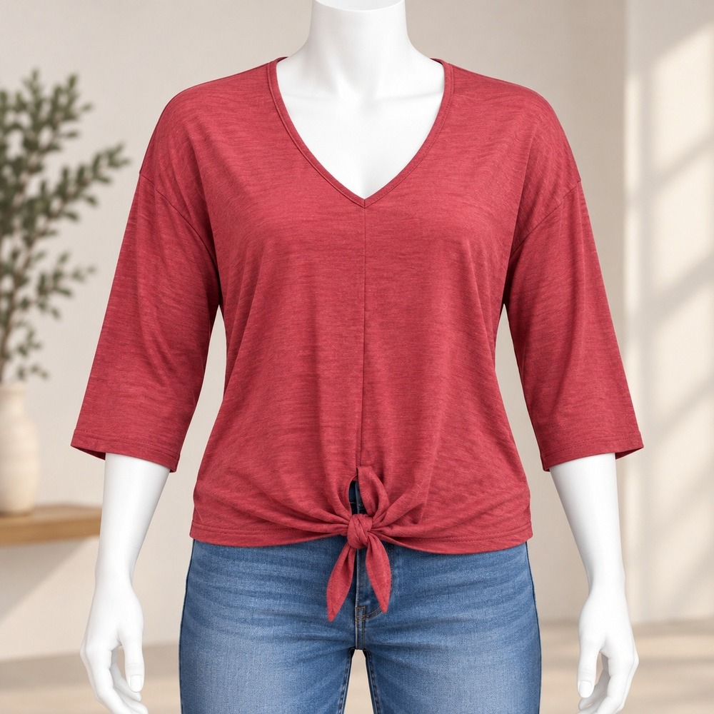 Old Navy Tie Front Top Womens XS Burgundy V-Neck 3/4 Sleeve Textured Knit